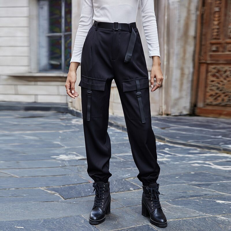 

Solid Flap Pocket Belted Cargo Pants, Black