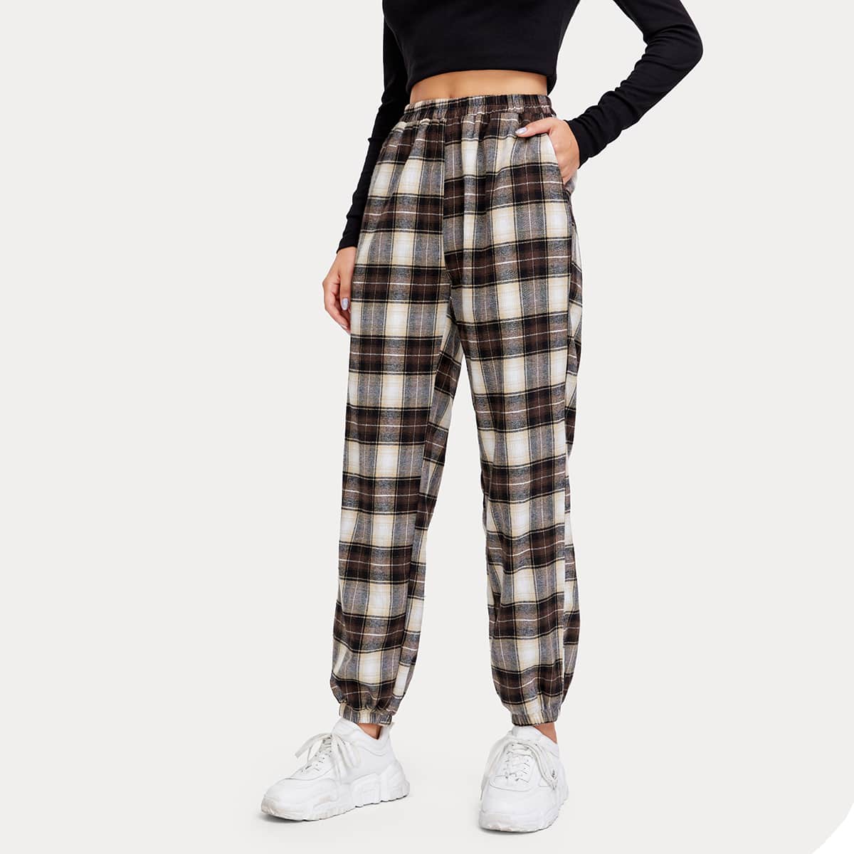 

High Waist Plaid Joggers, Multicolor