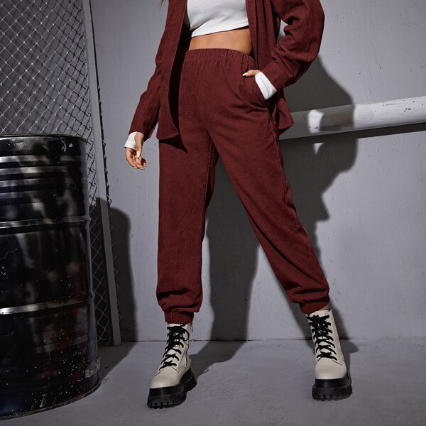 

Elastic Waist Solid Corduroy Sweatpants, Maroon