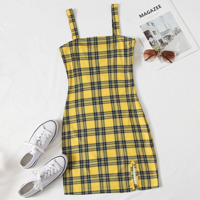 

Plaid Slit Hem Cami Dress, Multicolor