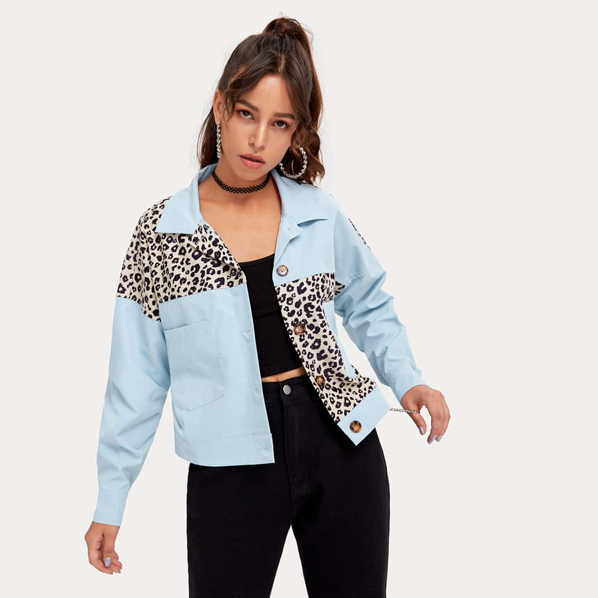 

Pocket Front Leopard Spliced Jacket, Baby blue