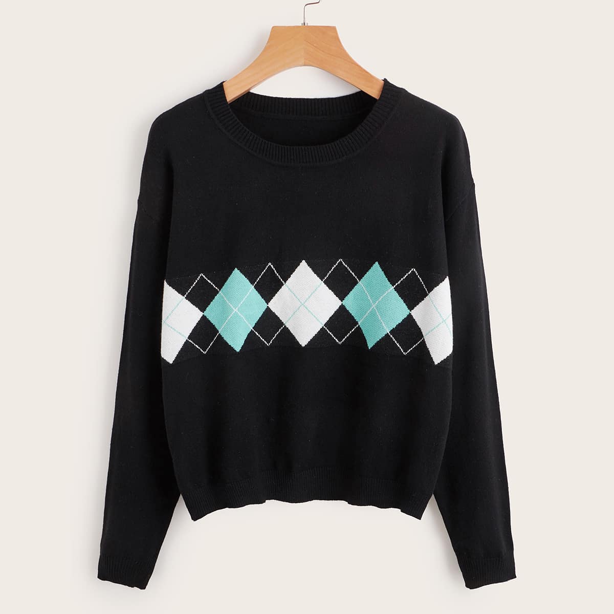 

Argyle Pattern Knit Sweater, Black