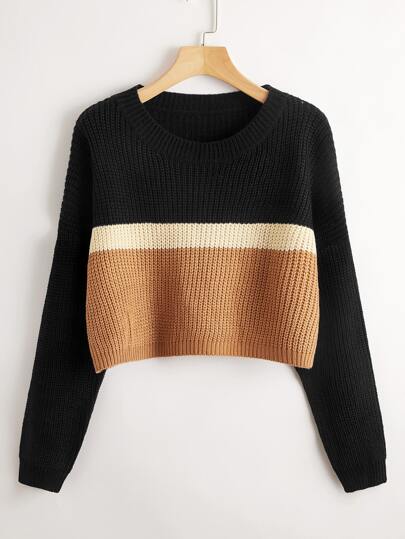 Contrast Panel Crop Knit Sweater