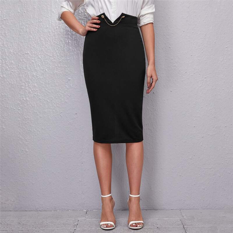 

Chain Detail Zip Back Split Hem Skirt, Black