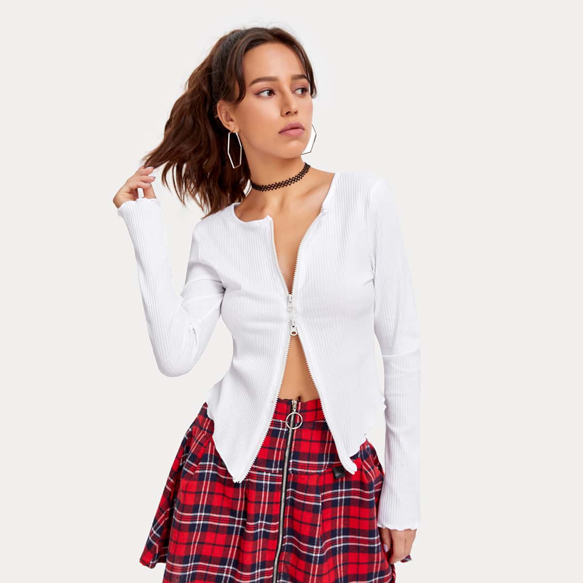 

Zip Up Ribbed Asymmetrical Tee, White