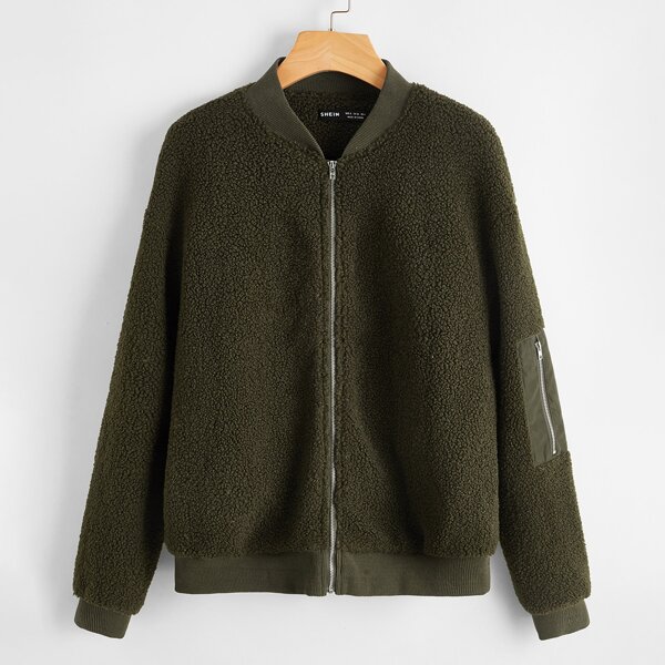 

Zip Up Baseball Neck Teddy Jacket, Dark green