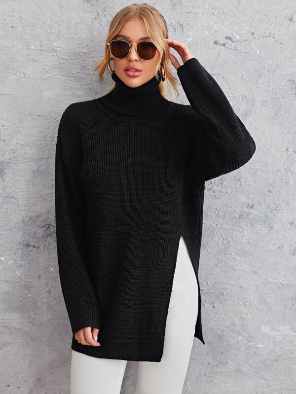 SHEIN Essnce Solid High Neck Split Hem Sweater