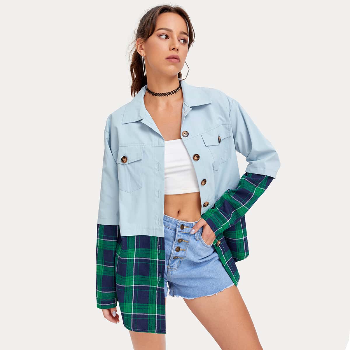 

Plaid Spliced Overshirt, Multicolor