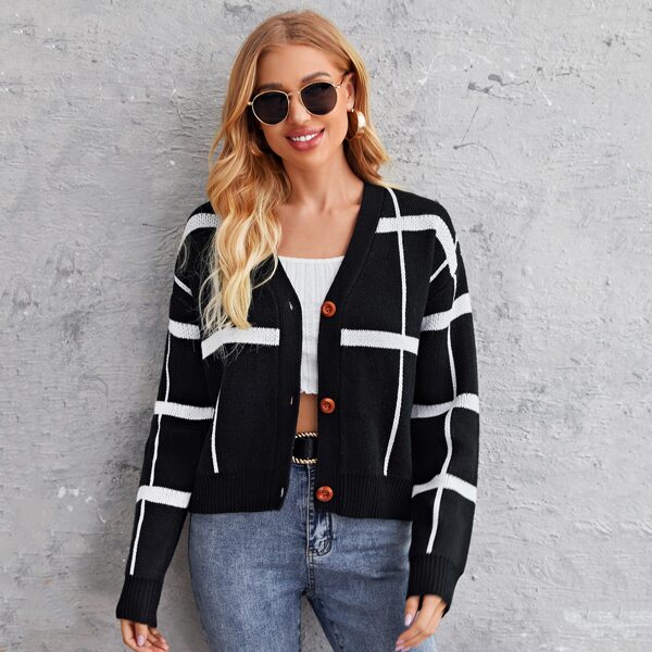 

Plaid Drop Shoulder Button Front Cardigan, Black