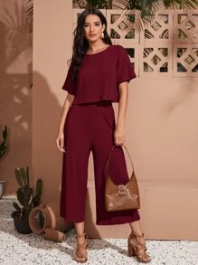 SHEIN LUNE 落肩短版T恤和寬腿褲子套裝 - 酒紅色 - 查看 3