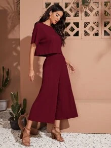 SHEIN LUNE 落肩短版T恤和寬腿褲子套裝 - 酒紅色 - 查看 4