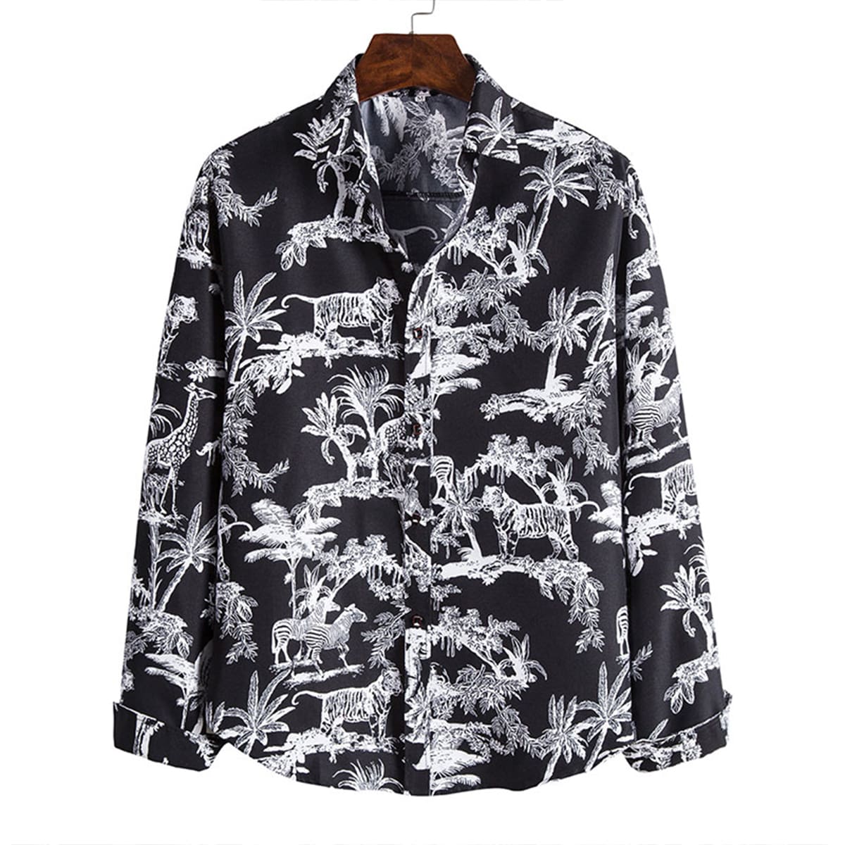 

Guys Tropical & Animal Print Button Up Shirt, Black and white