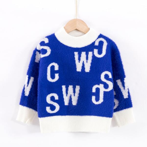 

Girls Letter Pattern Stand Collar Sweater, Blue and white