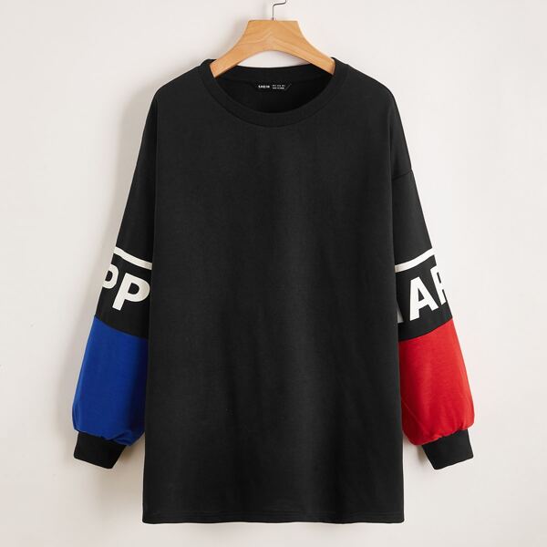 

Letter Print Drop Shoulder Pullover, Black