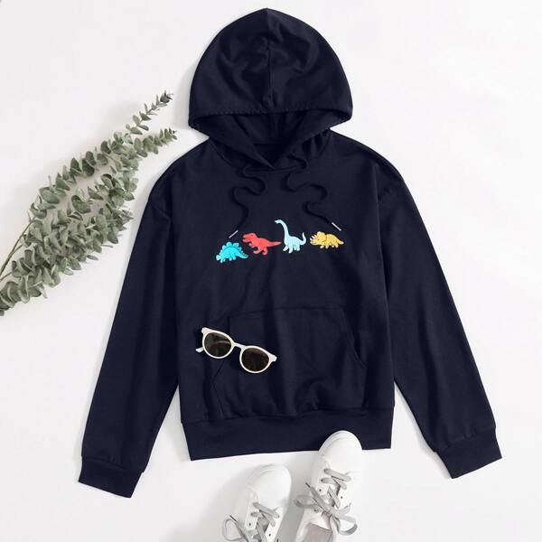 

Cartoon Dinosaur Print Kangaroo Pocket Hoodie, Navy blue