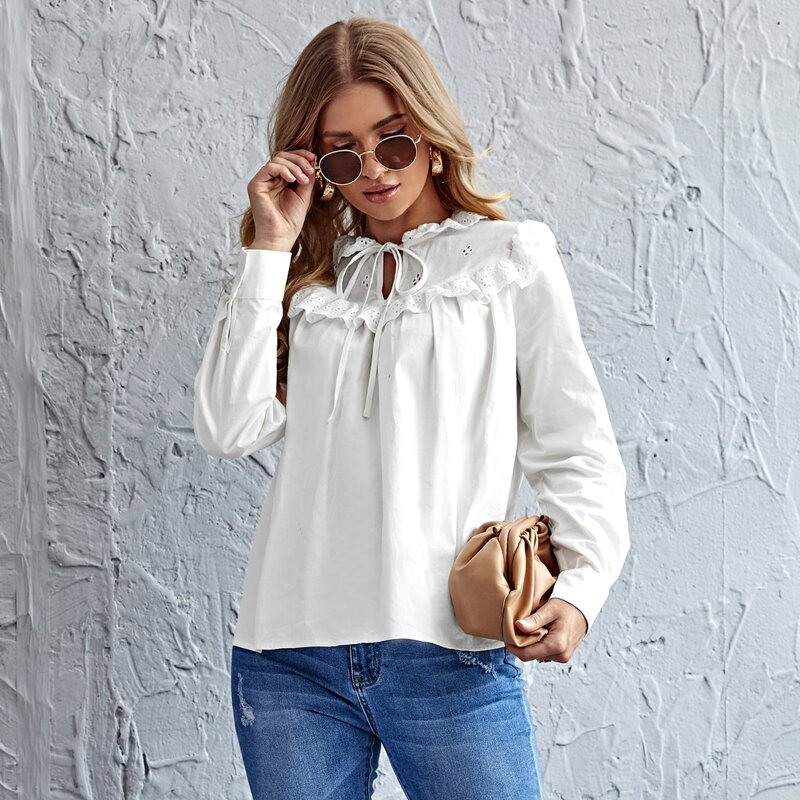 

Tie Neck Eyelet Embroidery Yoke Top, White