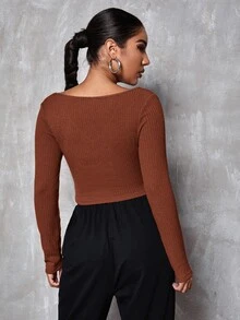 SHEIN Privé v領素色合身短版T恤 - 棕色 - 查看 2
