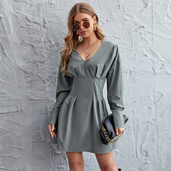 

Lantern Sleeve Fold Pleat Zip Back Dress, Dusty blue