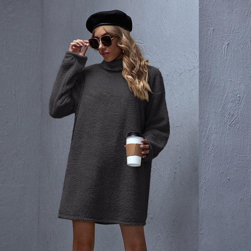 

Rolled Neck Drop Shoulder Teddy Sweatshirt Dress, Dark grey