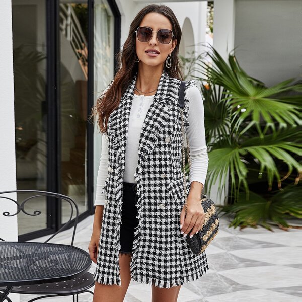 

Tweed Gingham Lapel Collar Raw Trim Vest, Black and white