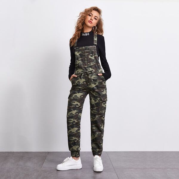 

Tie Waist Flap Pocket Camo Denim Overalls, Multicolor