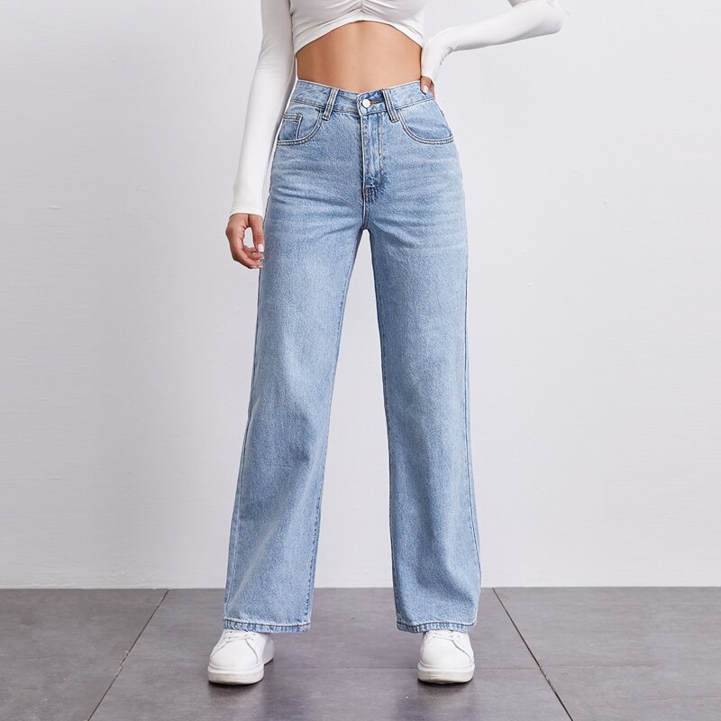 

BLUES Stone Wash Middle-Waisted Straight Jeans, Light wash