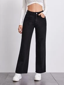 SHEIN Stone Wash Middle-Waisted Straight Jeans - Black - View 1