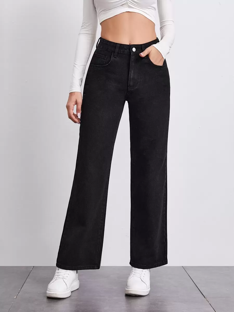 SHEIN Stone Wash Middle-Waisted Straight Jeans - Black - View 1