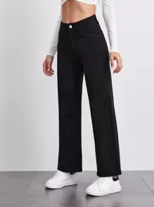 SHEIN Stone Wash Middle-Waisted Straight Jeans - Black - View 3