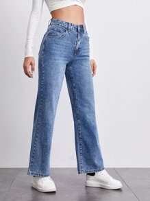 SHEINBlues Jeans rectos de cintura media - Azul lavado medio - Ver 3