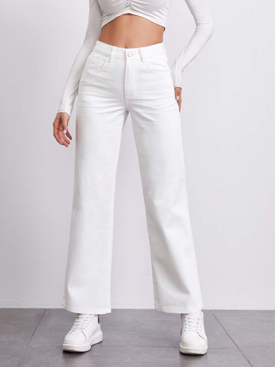 SHEIN EZwear Stone Wash Middle-Waisted Straight Jeans - White - View 1