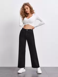 SHEIN Stone Wash Middle-Waisted Straight Jeans - Black - View 4