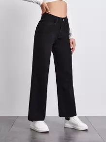 SHEIN Stone Wash Middle-Waisted Straight Jeans - Black - View 5