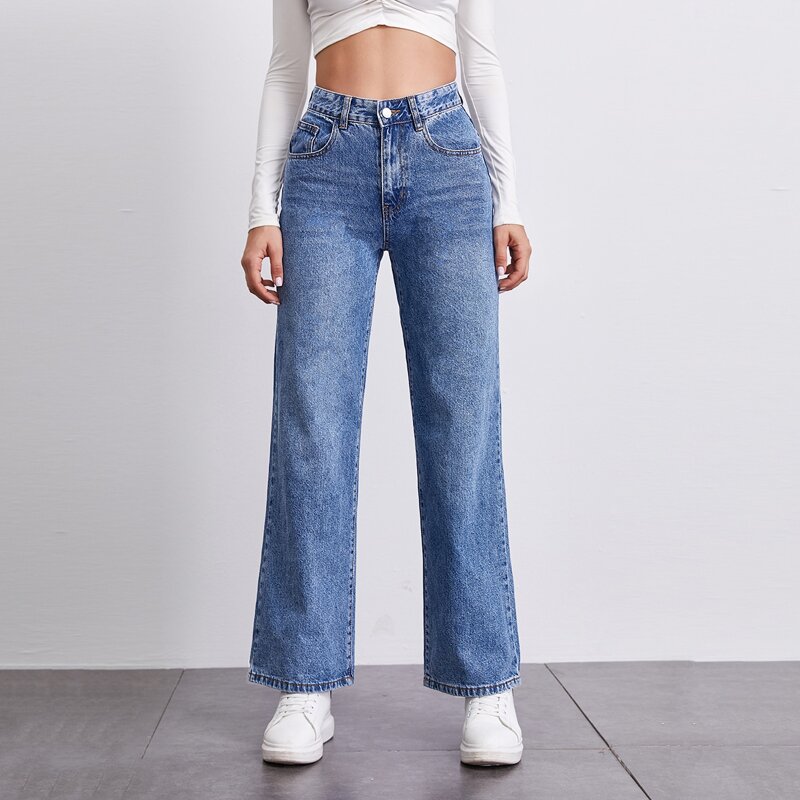 

BLUES Stone Wash Middle-Waisted Straight Jeans, Medium wash