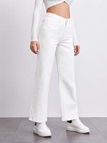SHEIN EZwear Stone Wash Middle-Waisted Straight Jeans - White - View 4