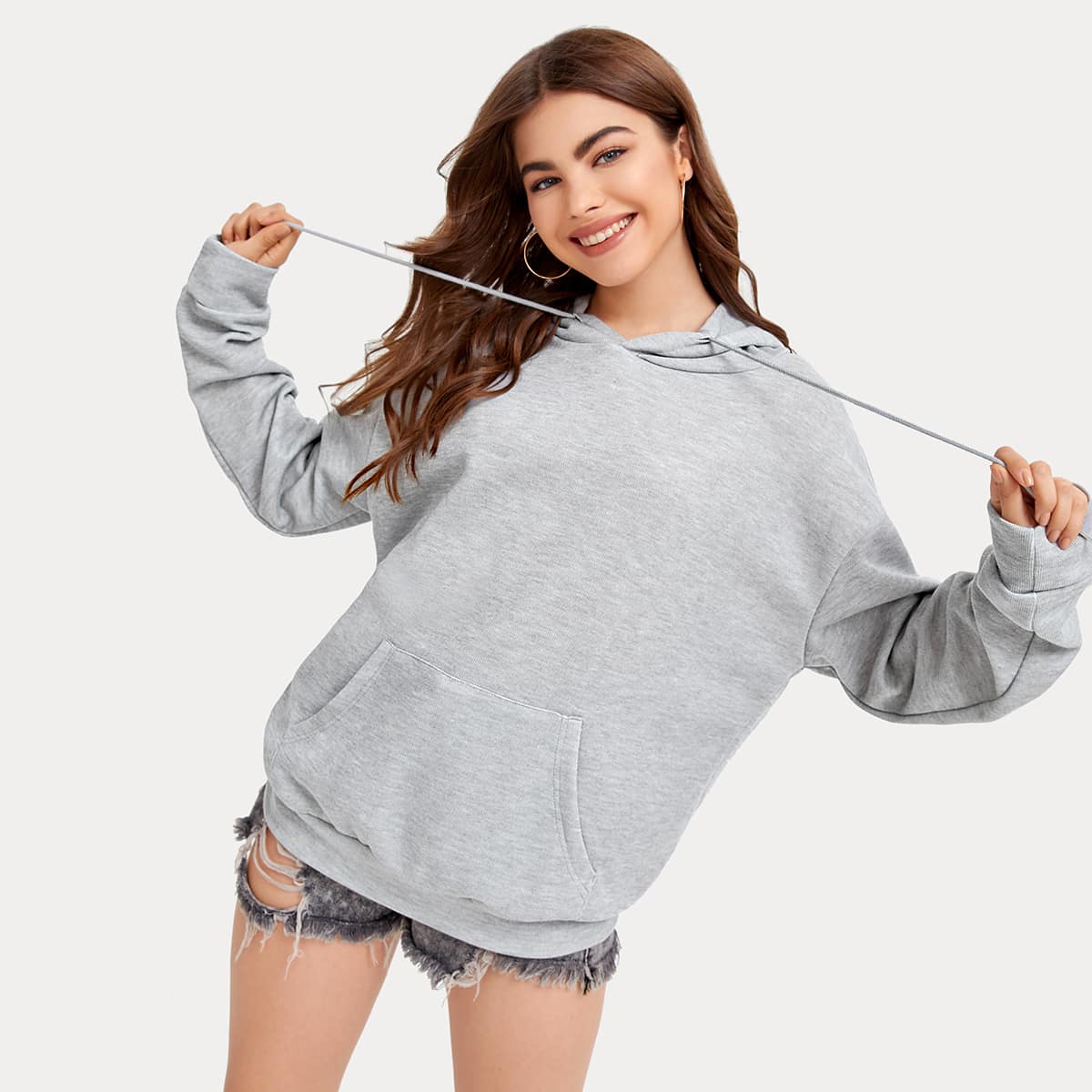 

Kangaroo Pocket Drawstring Oversized Hoodie, Light grey