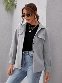 SHEIN Essnce Abrigo con botón de hombros caídos - Gris Claro - Ver 4