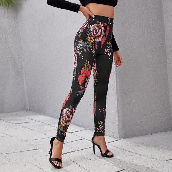 

Elastic Waist Floral Leggings, Black