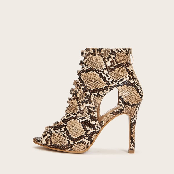 

Snakeskin Print Ladder Cut-out Stiletto Pumps, Brown