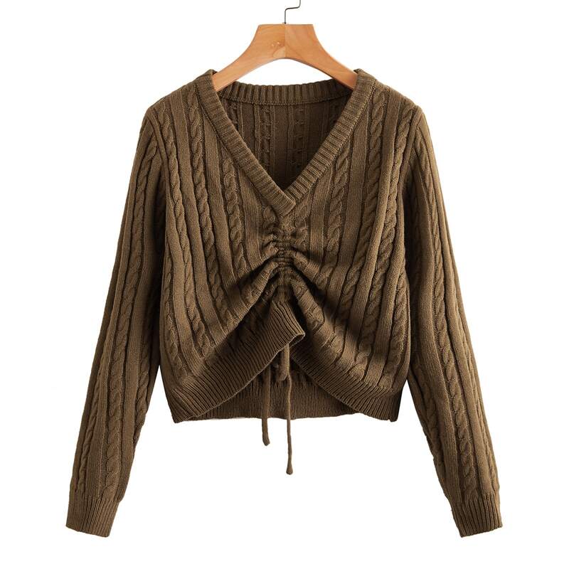 

Drawstring Knot Ruched Cable Knit Sweater, Mocha brown