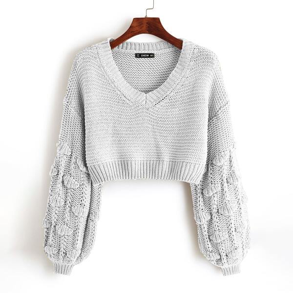 

Pom Pom Drop Shoulder Crop Sweater, Light grey
