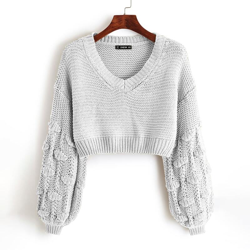 

Pom Pom Drop Shoulder Crop Sweater, Light grey