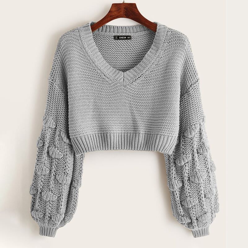 

Pom Pom Drop Shoulder Crop Sweater, Grey