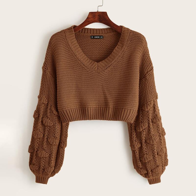 

Pom Pom Drop Shoulder Crop Sweater, Coffee brown