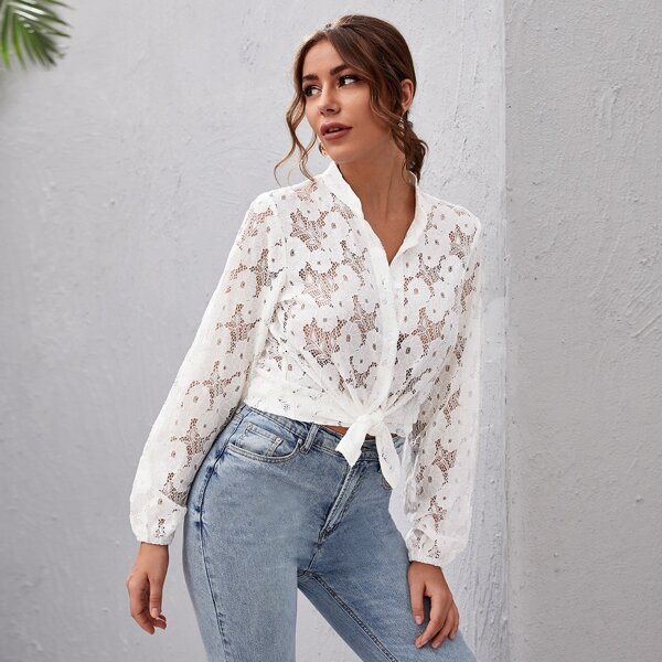 

Mock Neck Button Front Sheer Lace Blouse, White