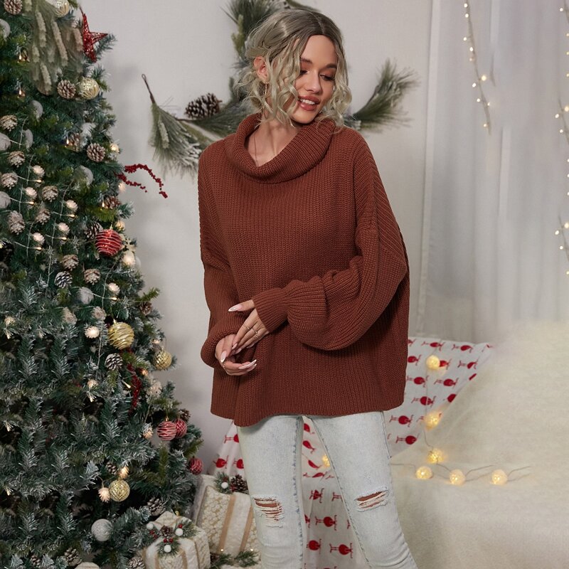 

Turtle Neck Drop Shoulder Sweater, Rust brown