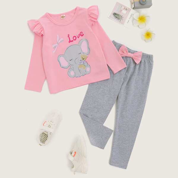 

Toddler Girls Cartoon Elephant & Letter Graphic Tee With Pants, Multicolor