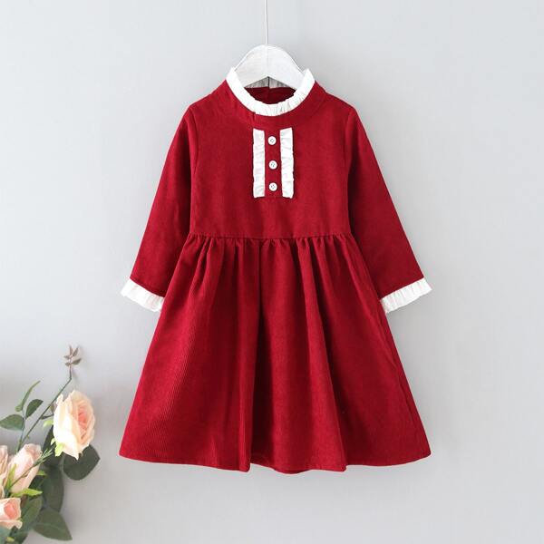 

Toddler Girls Frill Trim Corduroy Dress, Burgundy