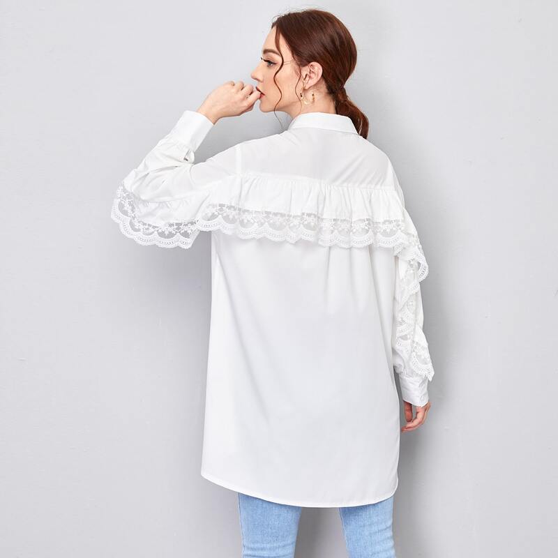 

Contrast Lace Ruffle Trim Dip Hem Blouse, White
