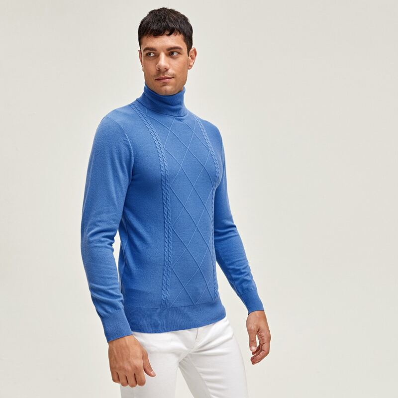 

Guys High Neck Cable Knit Solid Sweater, Blue